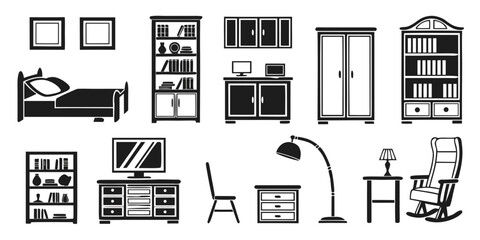 Set of interior furniture and home decor icons in flat black silhouette style with interior design room set furniture interior bookshelf wardrobe minimalist collection illustration equipment © MST CHIN BANU BEGUM