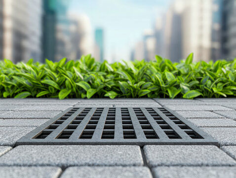 City street designed with circular systems rainwater capture, greywater reuse, and bio-waste cycling