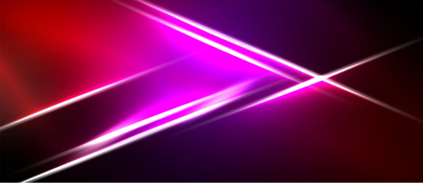 Abstract background features vibrant pink, purple, red lines intersecting black space. Dynamic energy radiates from bright streaks.