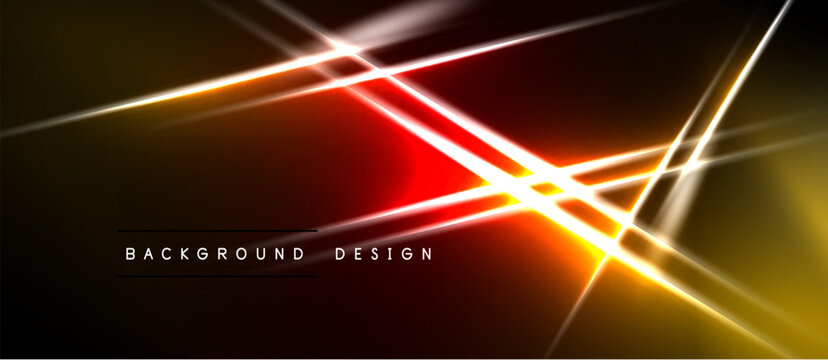 Abstract neon lines intersect, creating dynamic light effects. Dark background emphasizes vibrant orange, red glow. Modern design element.