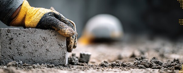 Obraz premium A construction worker wearing yellow and black gloves carefully holds a concrete block on a muddy construction site, with a hard hat blurred in the background.