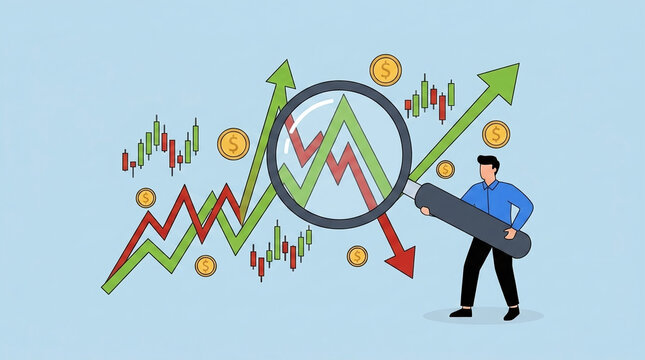A focused corporate businessman analyzing a fluctuating economic cycle diagram with a magnifying glass, examining stock market trends, financial growth, and market volatility for investment success.