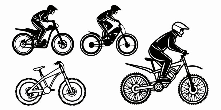 People riding mountain and electric bicycles vector silhouette set with two wheeler mountain electric silhouette collection illustration isolated lifestyle activity recreation exercise