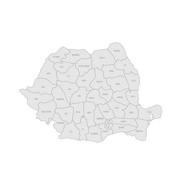 Romania political map of administrative divisions - counties and autonomous municipality of Bucharest. Grey map with thin black outline and labels.