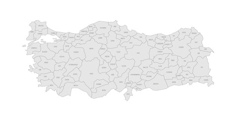 Fototapeta premium Turkey political map of administrative divisions - provinces. Grey map with thin black outline and labels.