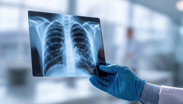 A healthcare professional examines a chest X-ray, highlighting the importance of diagnostic imaging in medical assessments.