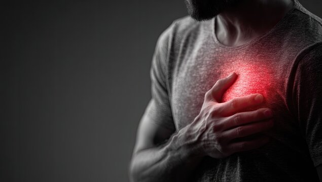 Man clutches chest, experiencing sharp pain in chest, red glow highlights discomfort