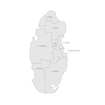 Qatar political map of administrative divisions - municipalities. Grey map with thin black outline and labels.