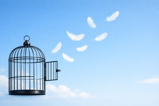Black metal birdcage with an open door positioned against a bright blue sky with white feathers drifting and flying away from the cage structure