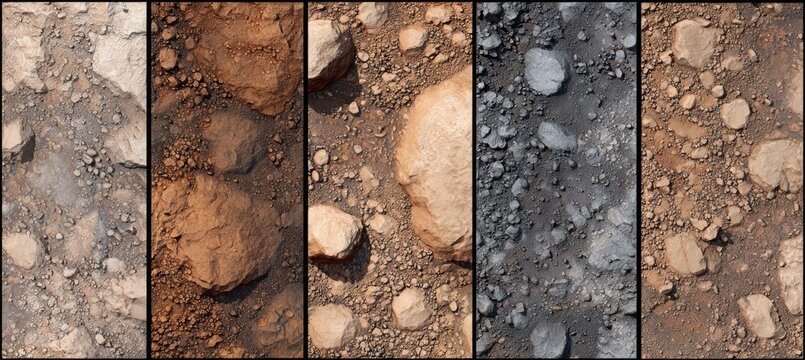 Five vertical panels show close-up views of rocky, soil-covered terrain with varying colors