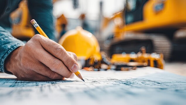 A construction worker meticulously reviews blueprints with a pencil, symbolizing planning and precision.