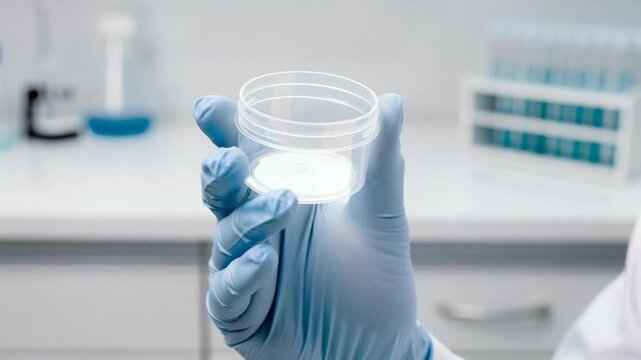 Scientist in blue gloves holding clear plastic petri dish in laboratory research experiment