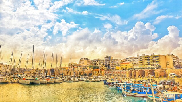 Heraklion Old Venetian Port Harbour under blue sky