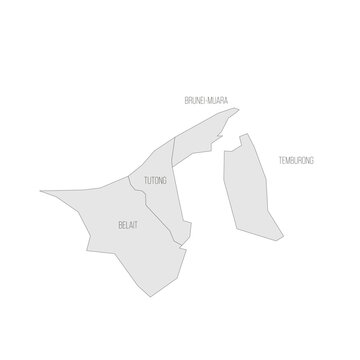 Brunei political map of administrative divisions - districts. Grey map with thin black outline and labels.
