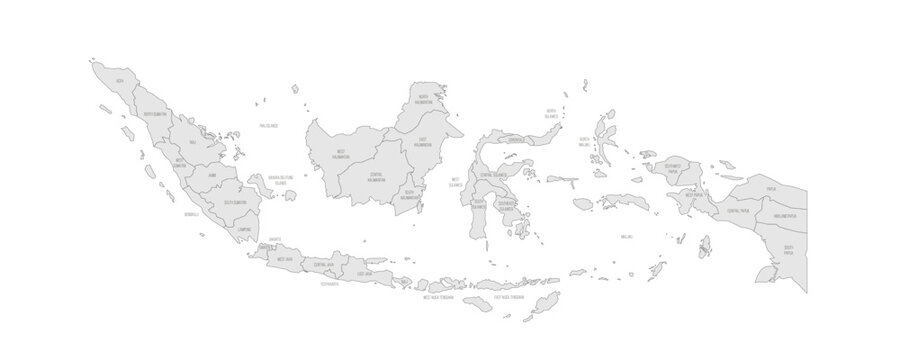 Indonesia political map of administrative divisions - provinces and special regions. Grey map with thin black outline and labels.