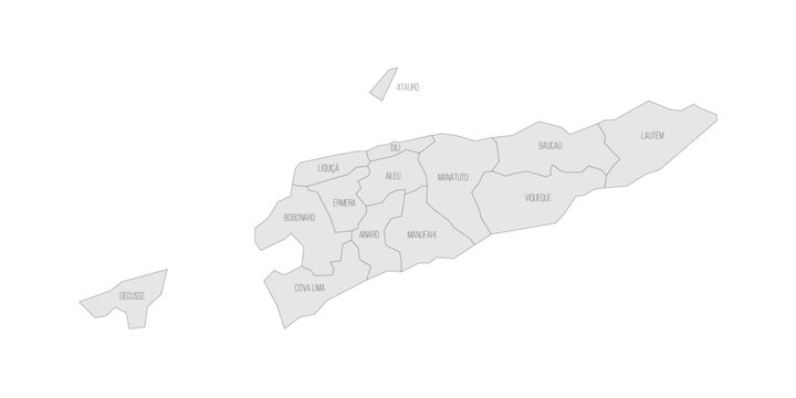 East Timor political map of administrative divisions - municipalities and Special Administrative Region Oecusse-Ambeno. Grey map with thin black outline and labels.