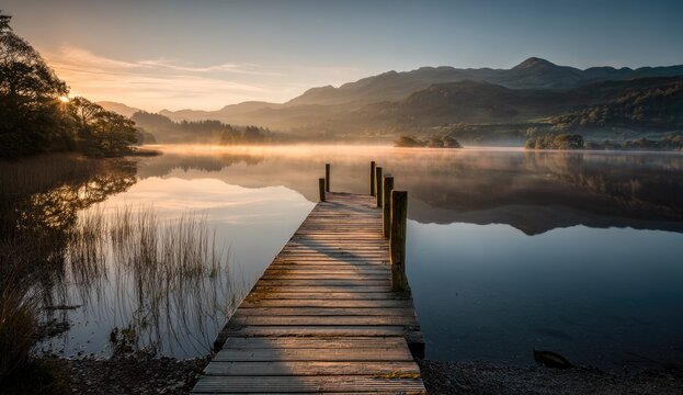 Wooden jetty on tranquil misty lake, sunrise illuminating rolling hills, tranquil dawn
