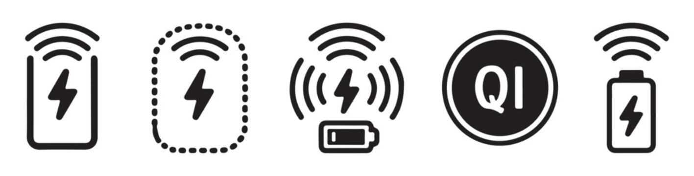 Wireless charging icon set for mobile phone battery energy power supply and inductive charging tech.