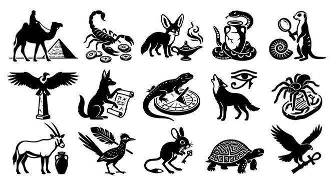 A comprehensive collection of black and white illustrations featuring various desert animals and ancient Egyptian symbols, ideal for themes of history, mythology, and exotic wildlife.
