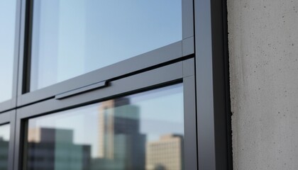 Fototapeta premium Close-up of a modern window frame with city views in glass