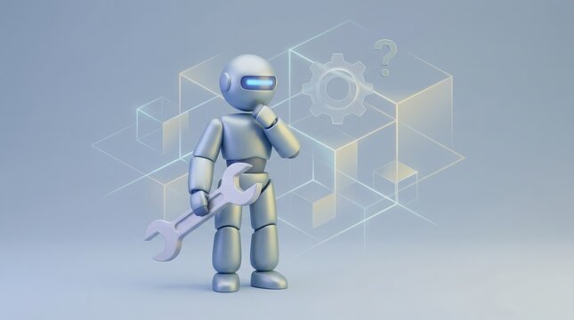 Silver humanoid robot standing and thinking while holding a large metal wrench with abstract geometric lines and a gear symbol in the background