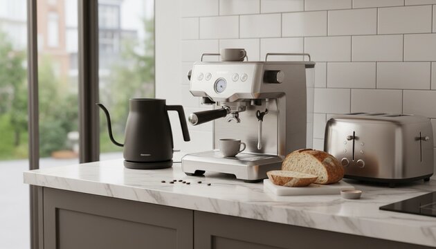A modern kitchen setup featuring a coffee maker, kettle, toaster, bread, and coffee