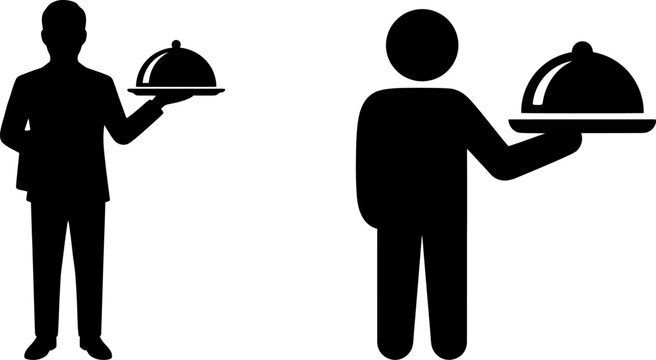 Black silhouette icons of a waiter holding a food serving tray with a dome cover