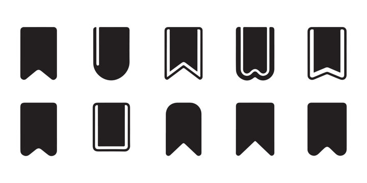 Various designs of black flat icons representing bookmarks or tabs, suitable for digital and print applications.