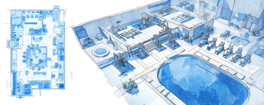 Blueprint of a modern home with an indoor pool, gym, and detailed floor plan