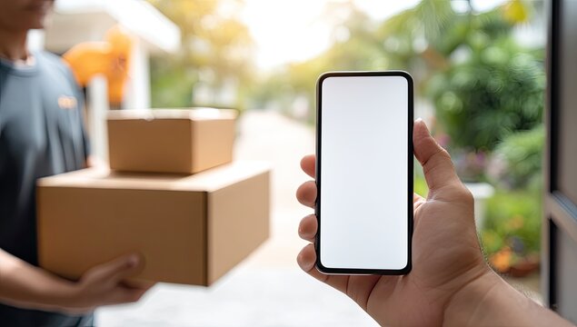 Person holds phone for delivery confirmation as packages arrive