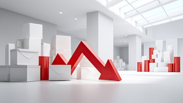 A stark white interior showcases a dramatic red downward arrow amidst stacks of white boxes, symbolizing a decline in business or a market downturn.