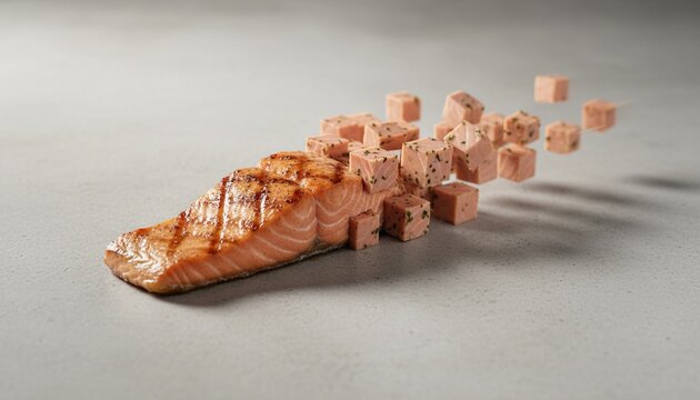 Grilled salmon fillet with creative design with cubes