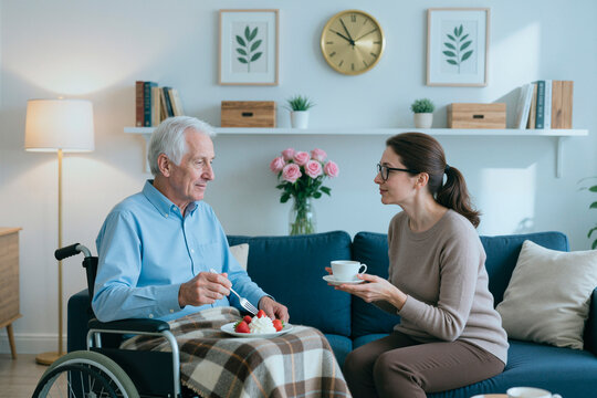 Senior man with disability eating dessert while female caregiver serving tea and talking at home. Supporting elder care, home assistance, caregiving, healthcare service promotion