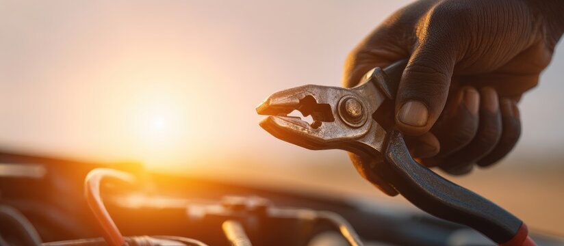 A close-up shot depicts a person's hand firmly gripping a pair of pliers, likely engaged in a repair or maintenance task against a warm, blurred sunset backdrop.