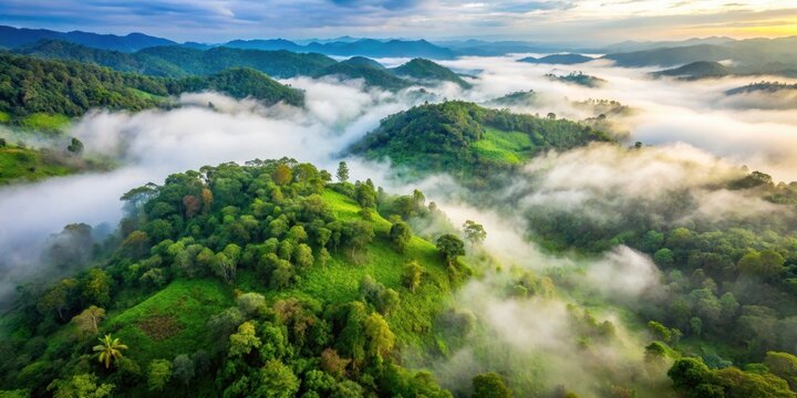 Aerial view of lush green forest with fog in Nan province, forest canopy