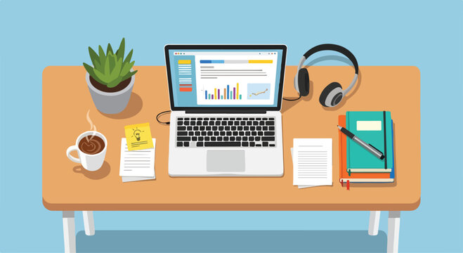 A cluttered desk with office supplies and a laptop (2)