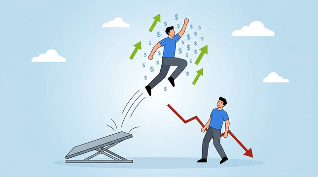 Determined entrepreneur leaping from flexible springboard to surpass corporate rival, metaphor for strategic advantage, business innovation, competitive growth, and success achievement.