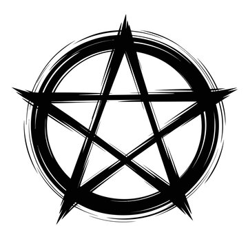 A black pentagram symbol with a circle and sharp points