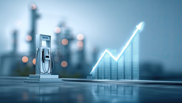 A futuristic depiction showcases a gas pump juxtaposed with a rising graph, symbolizing escalating fuel prices and the energy sector's dynamic growth against a blurred industrial backdrop.