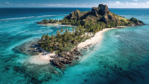Lush tropical island with a dramatic rocky peak, fringed by white sand and turquoise water