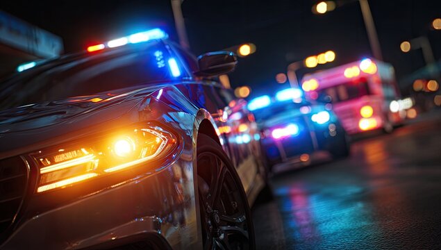 Emergency vehicles with flashing lights illuminate a dark street scene, suggesting a police or emergency response situation.