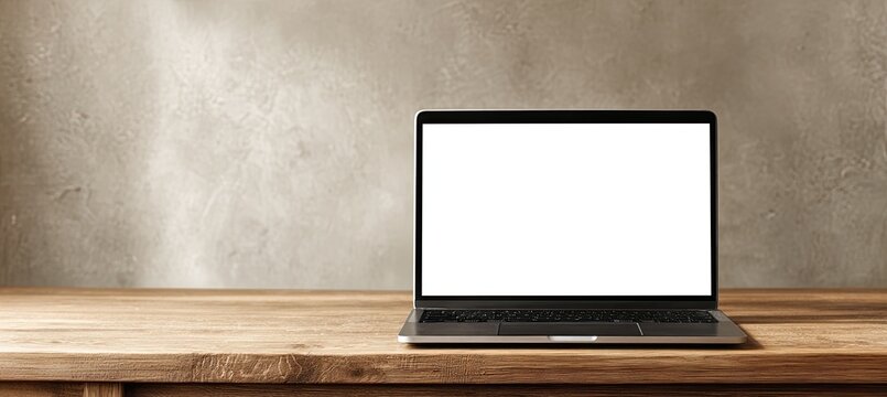 A modern laptop rests on a wooden surface against a textured wall, presenting a clean and professional workspace.