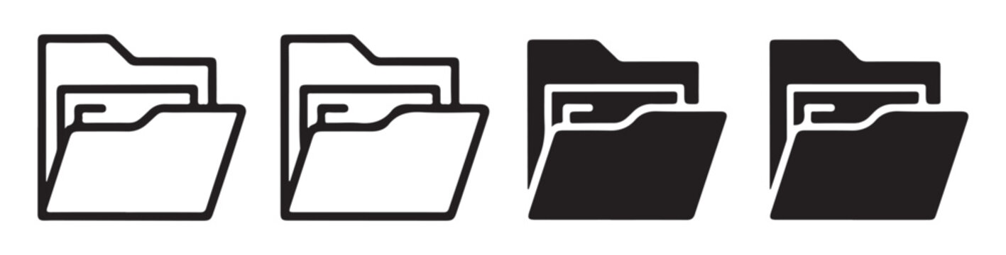 Document folder outline and filled icons collection on transparent background with paper file insert.