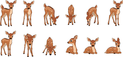 Fototapeta premium Set of Cute Fawn Illustrations Featuring Young Spotted Deer in Various Poses Including Standing Walking Grazing and Lying Down for Wildlife and Nature Graphic Designs