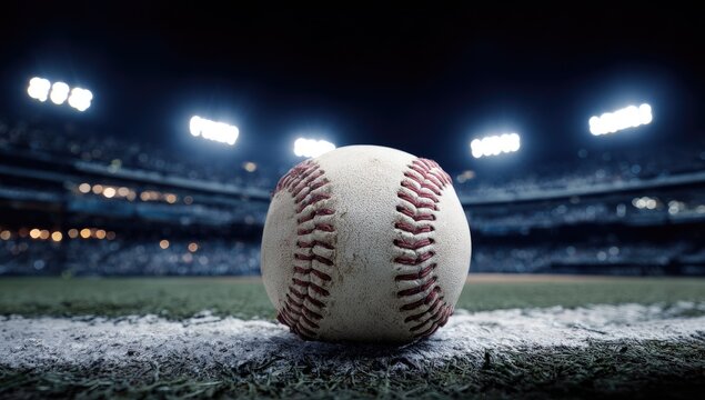 A baseball rests on the dirt infield of a stadium under bright stadium lights.