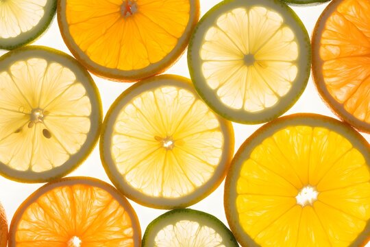 Close-up arrangement of translucent citrus fruit slices with food photography, food and drink