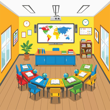 A vibrant classroom with a world map on the screen