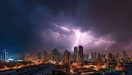 Fototapeta premium Electric sky illuminates towering skyscrapers during a dramatic nighttime storm