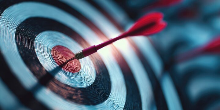 Close-up of a dart hitting the bullseye on a dartboard, symbolizing success and accuracy.