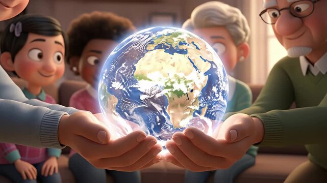 Animated family holds a glowing Earth globe in cupped hands, surrounded by smiles